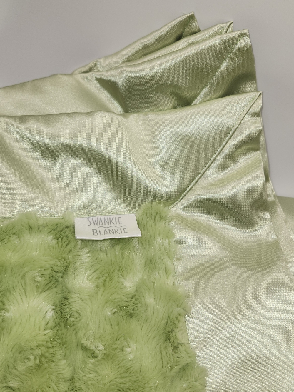 Swankie Blankie Sage Green Minky Plush Baby Blanket Satin Trim Backing 28x34 HTF